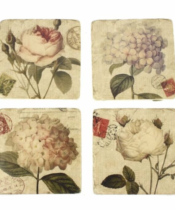 Čtyři podtácky s retro motivy růže a hortenzie.