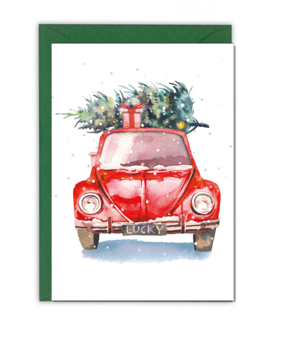 Papírové vánoční přání s červeným autem a vánočním stromečkem.