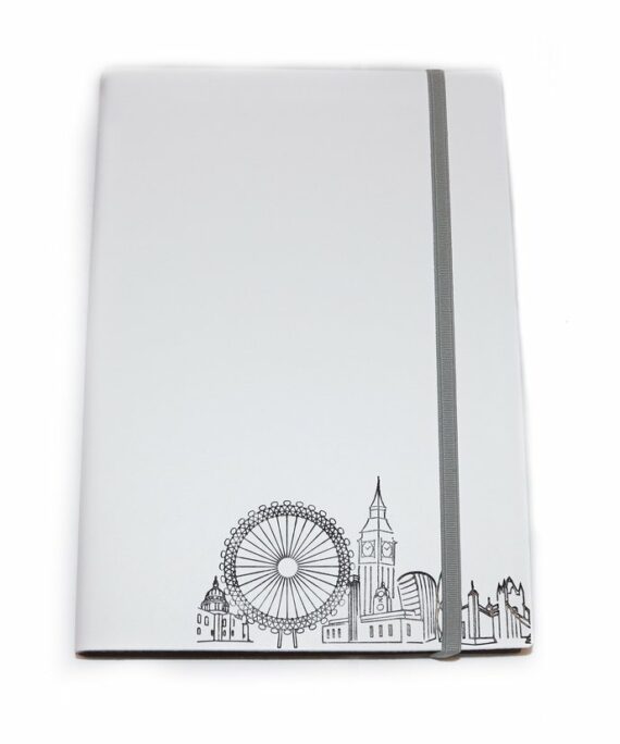 Kožený zápisník s bílými deskami Panorama Londýna.