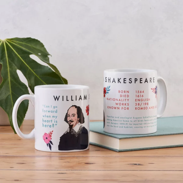 Keramický hrneček s obrázkem Williama Shakespeara.