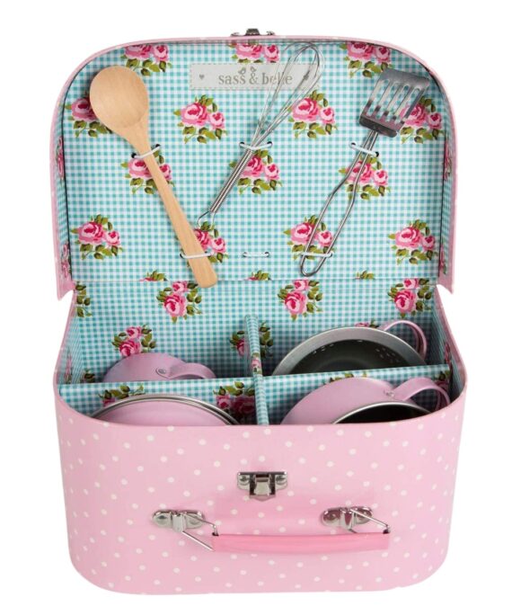 Kufřík s dětským nádobíčkem Puntíky a růžičky.