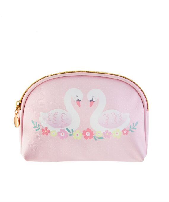 Růžová kosmetická taška se vzorem labutí.