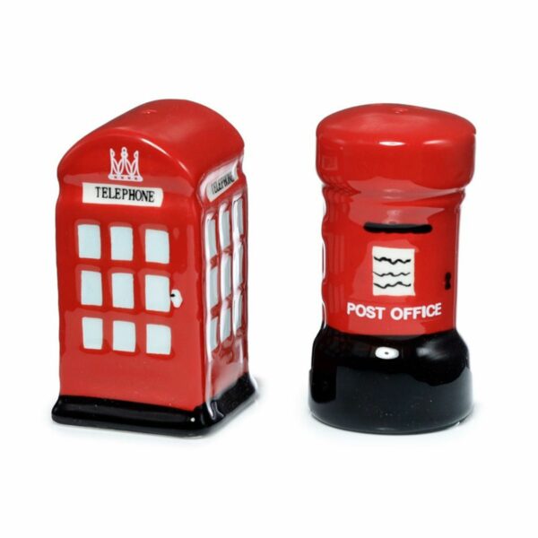 Solnička s pepřenkou ve tvaru červené telefonní budky a červené poštovní schránky.